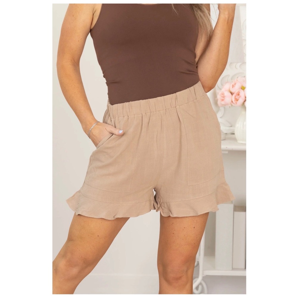 La Miel Tan Linen Blend Ruffle Hem Shorts Elastic Waist Small NWT